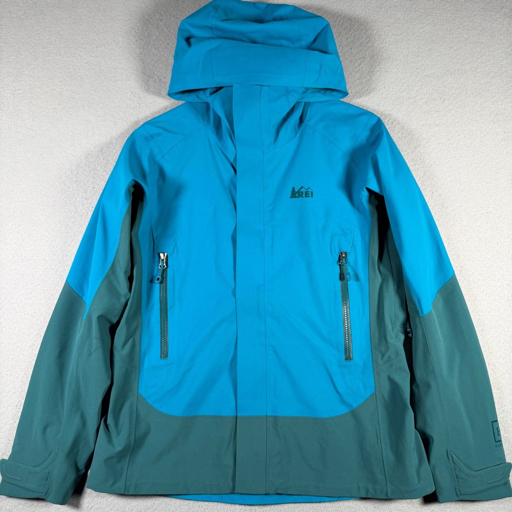 REI Elements Women Small Blue Teal Hooded Rain Jacket 892141 Full Zip Hiking
